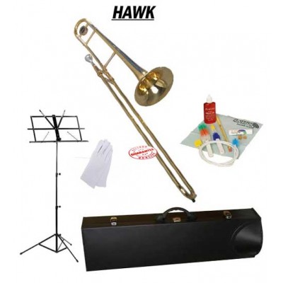 Hawk Gold Lacquer Slide Bb Trombone School Package with Case, Music Stand and Cleaning Kit   